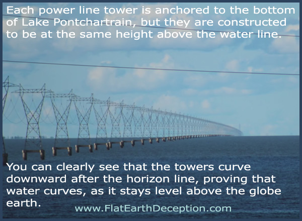 Lake Pontchartrain electrical towers prove that water curves over the globe earth