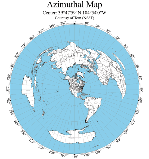 Azimuthal flat earth map centered in the Denver