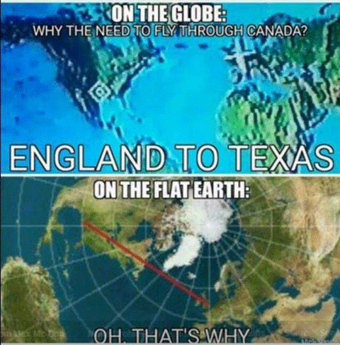 Flat earth flight map of plane from England to Texas