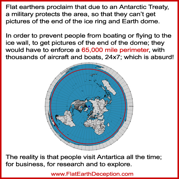 Flat Earthers say that they don't have pictures of the end of the ice wall and dome, because of the Antarctic Treaty; and that the military keeps people out.