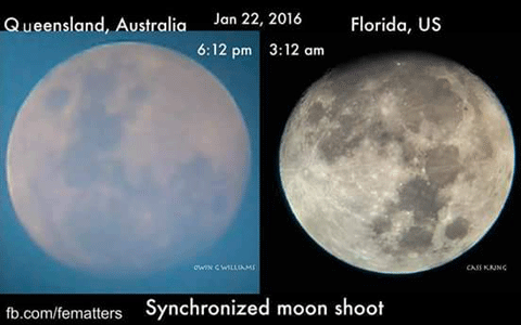 Flat earth synchronized moon photos in Australia and Florida