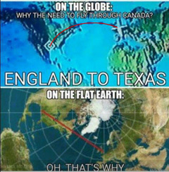 Flat earth flight map of plane from England to Texas