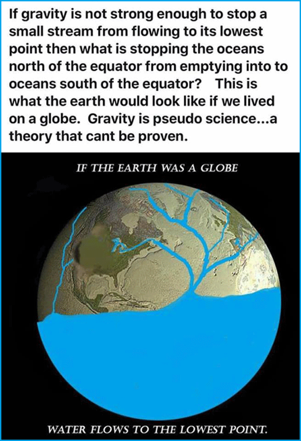Flat earth meme about water collecting on bottom of globe earth due to gravity