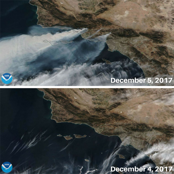 Before/After comparison of NOAA/NASA Suomi NPP #satellite true-color images of smoke from Southern California