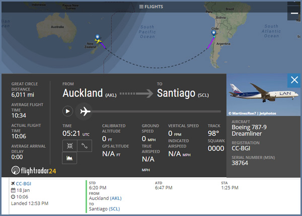 Here is a flight from Auckland, New Zealand to Santiago, Chile. 