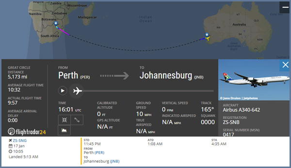 Here is a flight from Redcliffe, Australia to Johannesburg, South Africa. Flight time is 10h 32m.