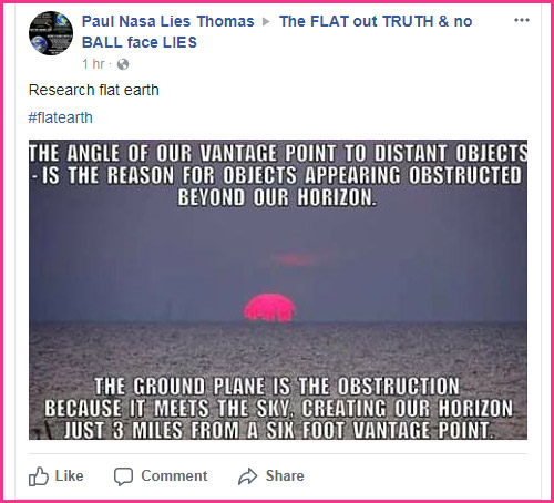 On 01-21-18, Paul Nasa Lies Thomas shared this flat earth meme on the Facebook group: The FLAT out TRUTH & no BALL face LIES.
