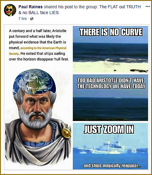 On 01-21-18, Paul Raines shared this meme on the Facebook group: The FLAT out TRUTH & no BALL face LIES.