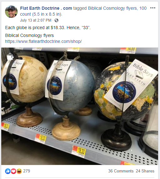 Nathan Roberts puts flat earth brochures on globes in store