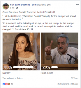 Flat Earther Nathan Roberts posted this poll on his Flat Earth Doctrine Facebook page: